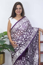 Purple Embroidered Parsi Gara Organza Bird And Floral Design Saree - Luxurion World