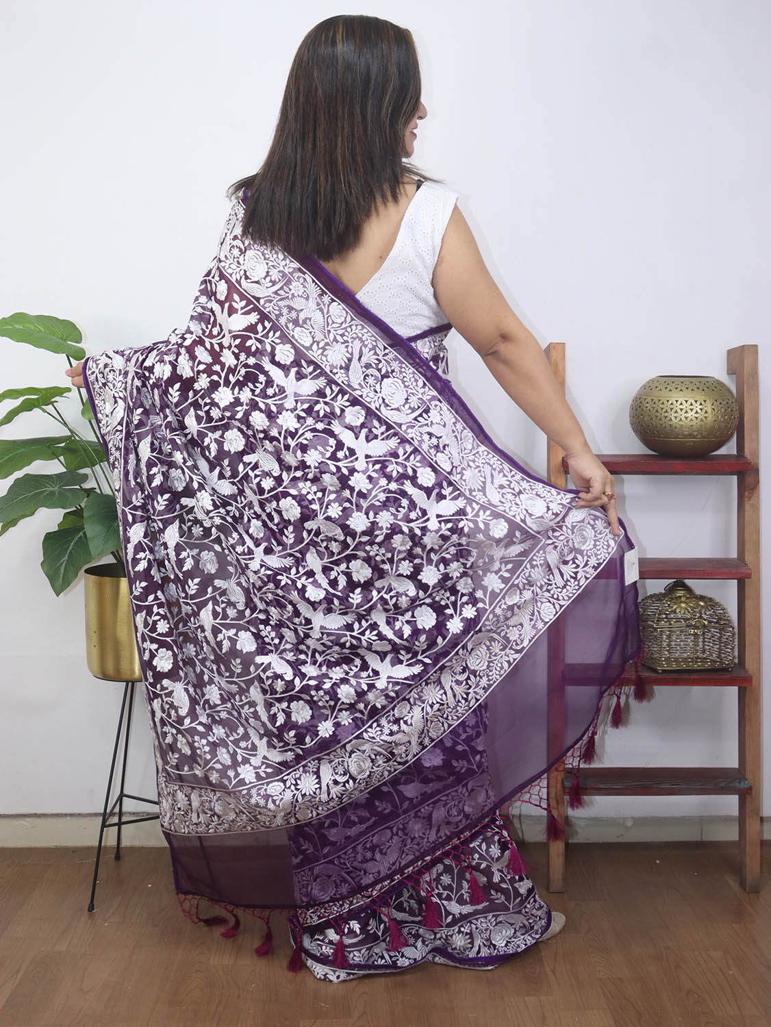Purple Embroidered Parsi Gara Organza Bird And Floral Design Saree - Luxurion World
