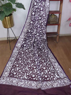 Purple Embroidered Parsi Gara Organza Bird And Floral Design Saree - Luxurion World