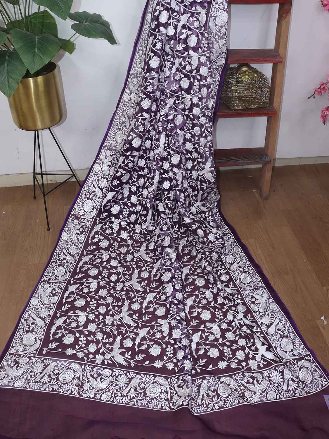 Purple Embroidered Parsi Gara Organza Bird And Floral Design Saree - Luxurion World