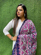 Purple Hand Embroidered Kantha Bangalore Silk Dupatta - Luxurion World