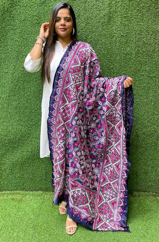 Purple Hand Embroidered Kantha Bangalore Silk Dupatta - Luxurion World