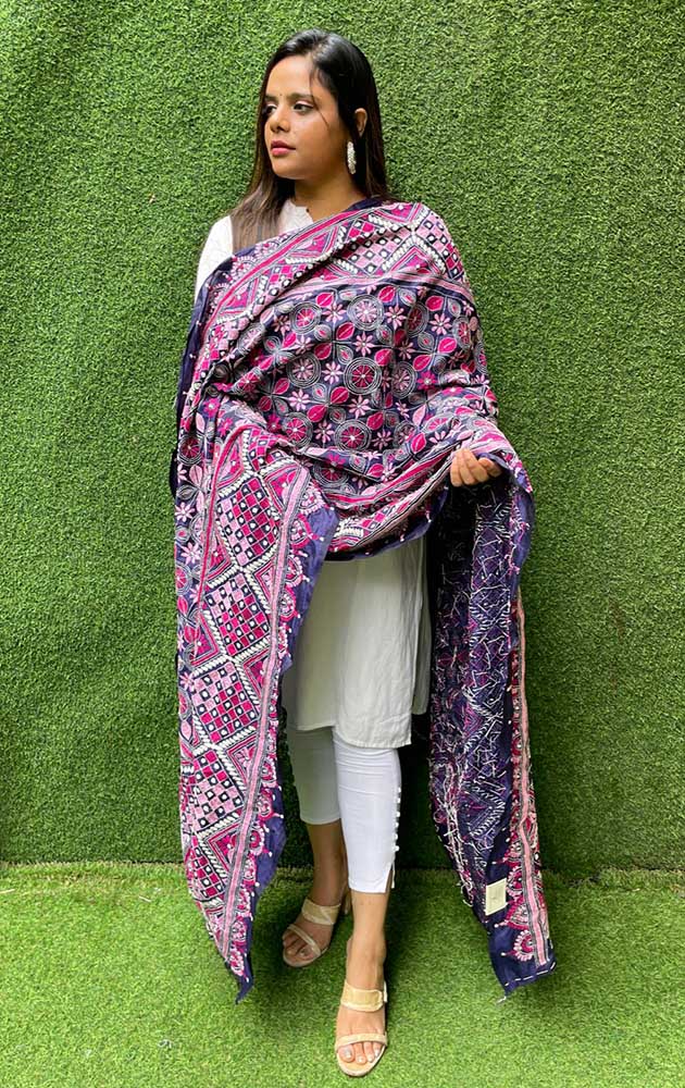 Purple Hand Embroidered Kantha Bangalore Silk Dupatta - Luxurion World