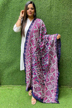 Purple Hand Embroidered Kantha Bangalore Silk Dupatta - Luxurion World