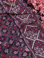 Purple Hand Embroidered Kantha Bangalore Silk Dupatta - Luxurion World