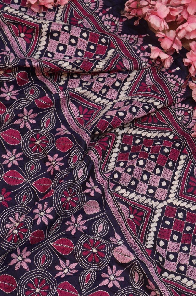 Purple Hand Embroidered Kantha Bangalore Silk Dupatta - Luxurion World