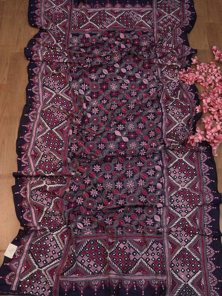 Purple Hand Embroidered Kantha Bangalore Silk Dupatta - Luxurion World