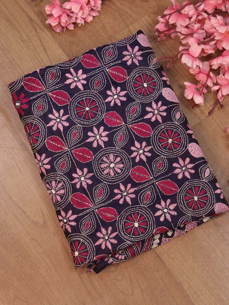 Purple Hand Embroidered Kantha Bangalore Silk Dupatta - Luxurion World