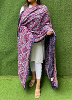 Purple Hand Embroidered Kantha Bangalore Silk Dupatta - Luxurion World