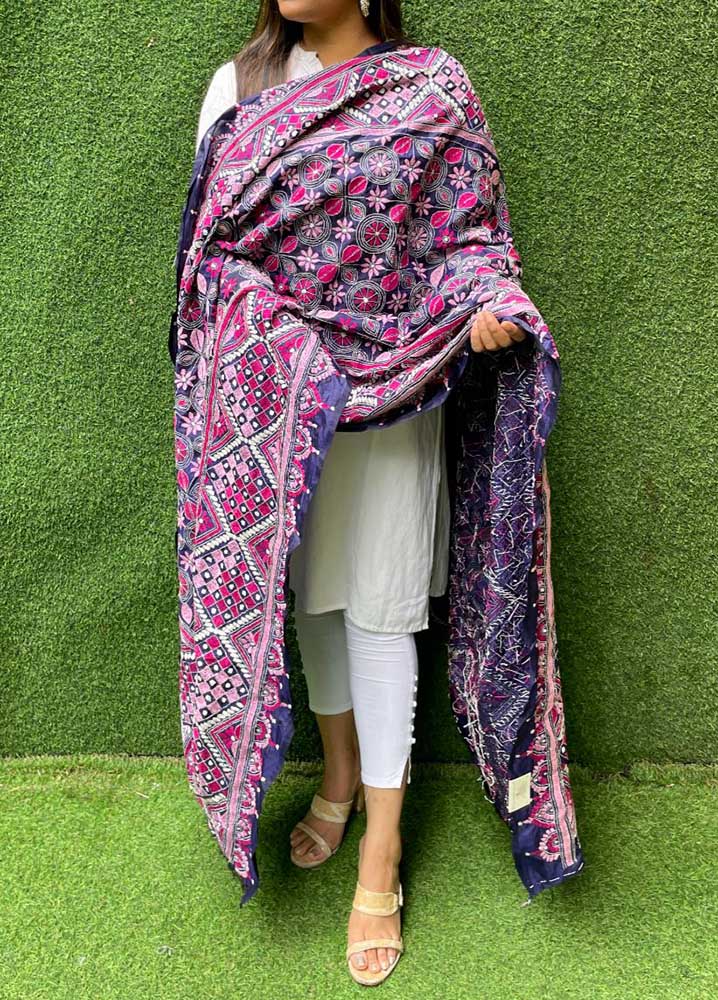 Purple Hand Embroidered Kantha Bangalore Silk Dupatta - Luxurion World