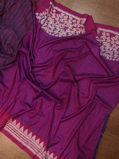Exquisite Purple Kantha Silk Saree with Hand Embroidery