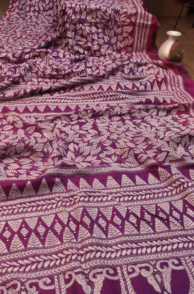 Exquisite Purple Kantha Silk Saree with Hand Embroidery - Luxurion World