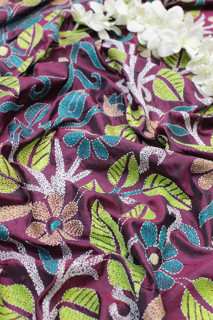 Purple Hand Embroidered Kantha Silk Fabric ( 1 Mtr ) - Luxurion World