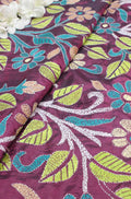 Purple Hand Embroidered Kantha Silk Fabric ( 1 Mtr ) - Luxurion World
