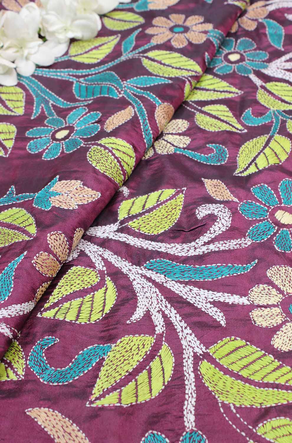 Purple Hand Embroidered Kantha Silk Fabric ( 1 Mtr ) - Luxurion World