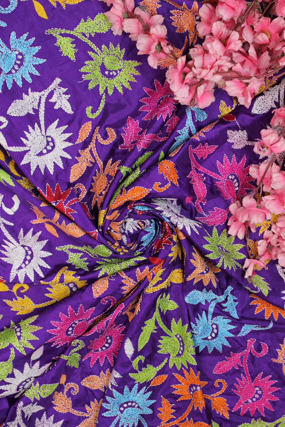 Purple Hand Embroidered Kantha Silk Fabric ( 1 Mtr ) - Luxurion World