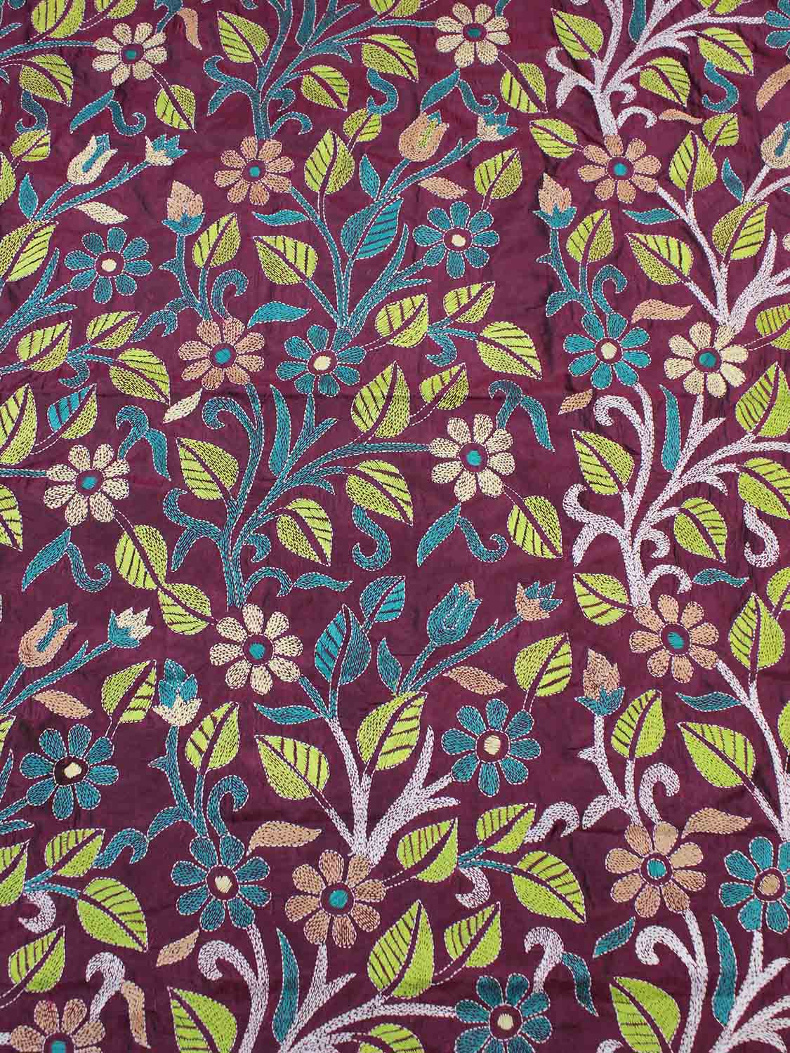 Purple Hand Embroidered Kantha Silk Fabric ( 1 Mtr ) - Luxurion World