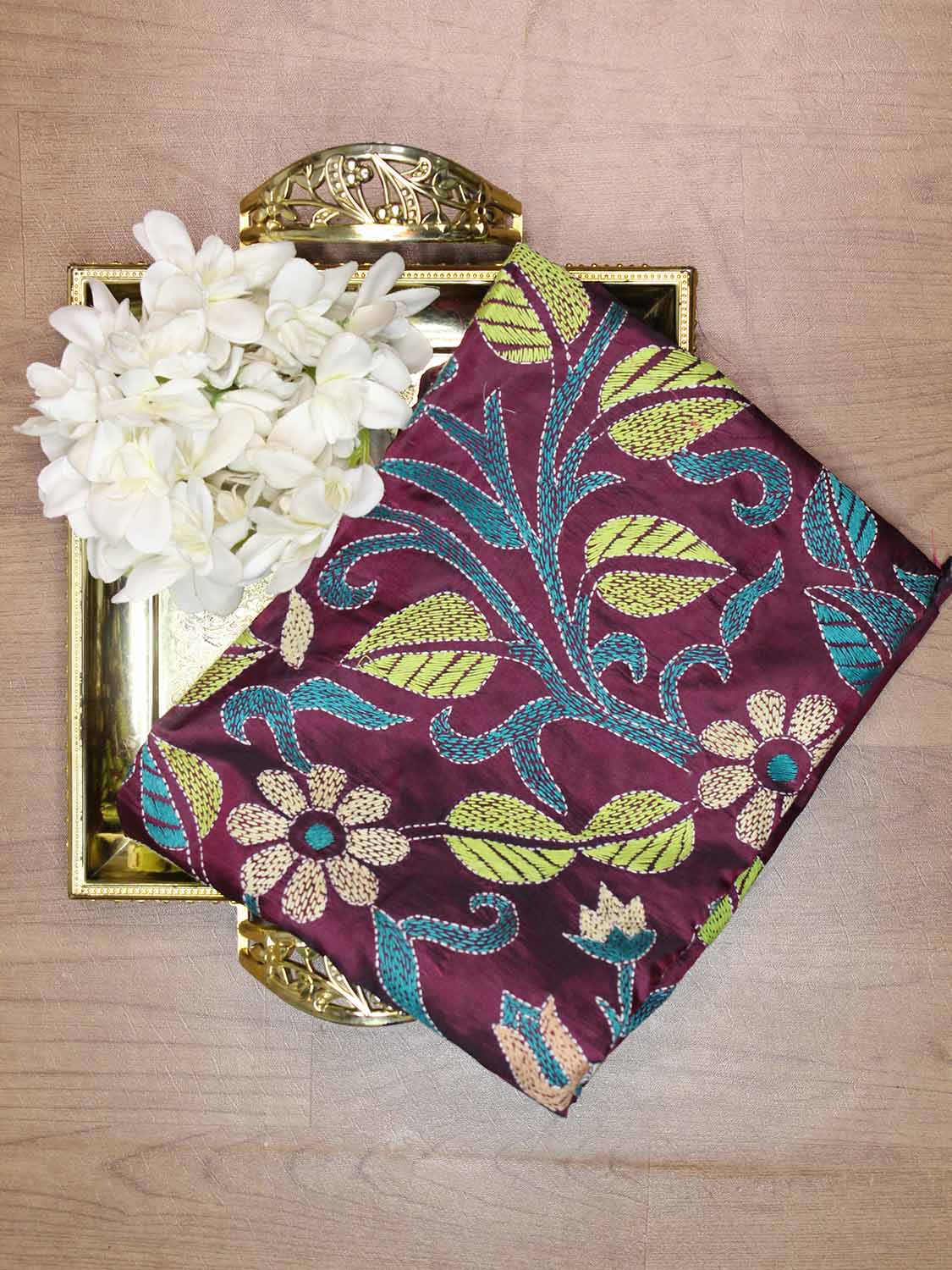 Purple Hand Embroidered Kantha Silk Fabric ( 1 Mtr ) - Luxurion World