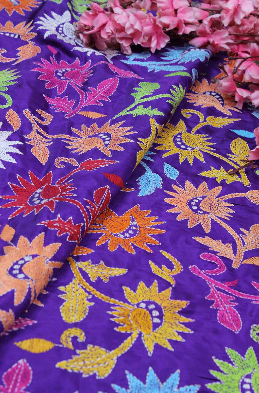 Purple Hand Embroidered Kantha Silk Fabric ( 1 Mtr )