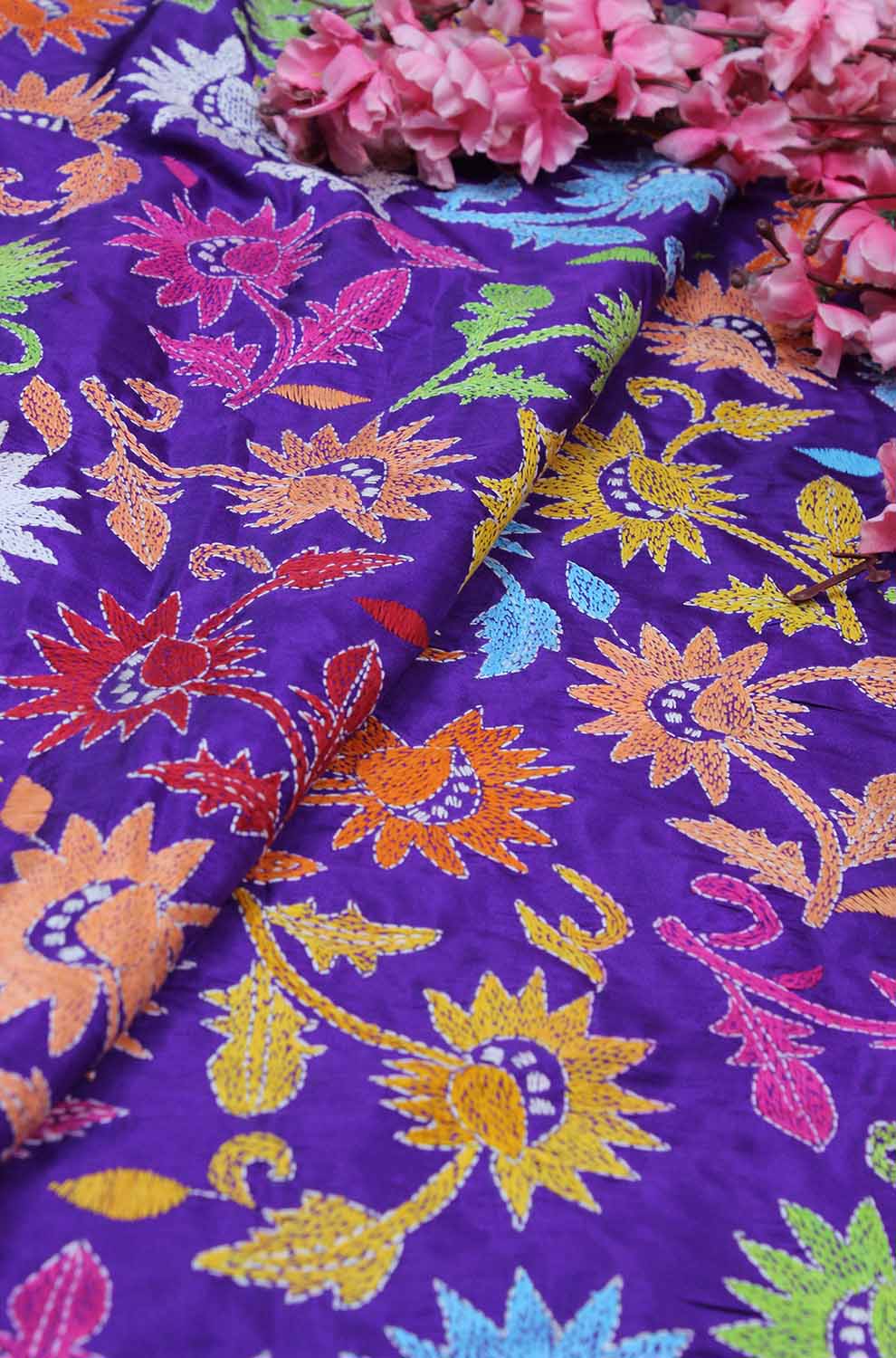 Purple Hand Embroidered Kantha Silk Fabric ( 1 Mtr ) - Luxurion World