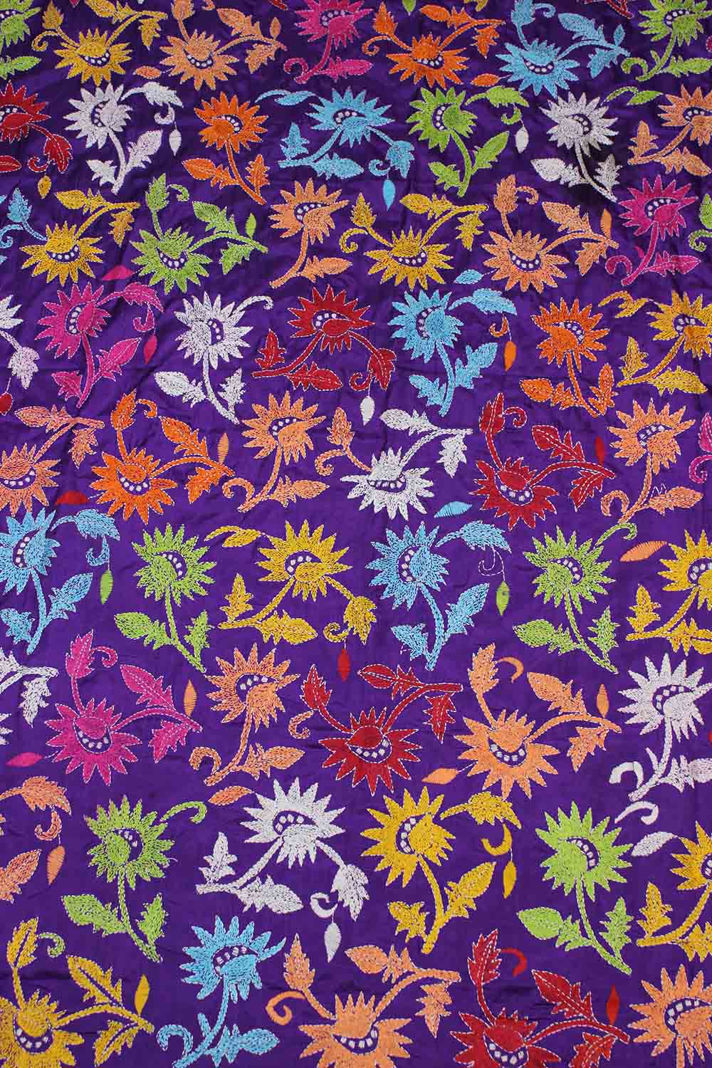 Purple Hand Embroidered Kantha Silk Fabric ( 1 Mtr ) - Luxurion World