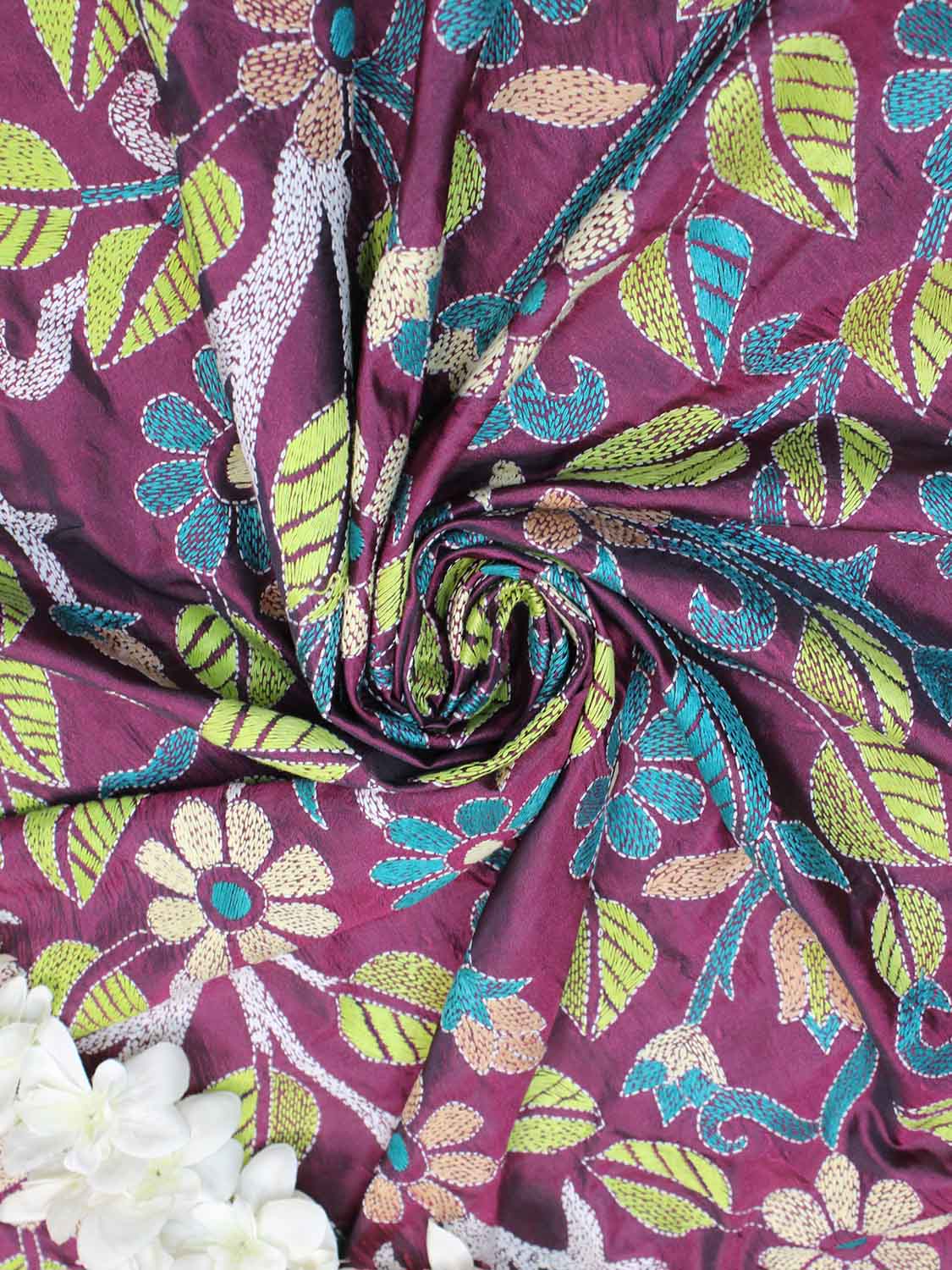 Purple Hand Embroidered Kantha Silk Fabric ( 1 Mtr ) - Luxurion World
