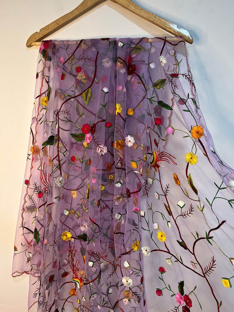 Purple Hand Embroidered Parsi Convent Work Net Dupatta - Luxurion World