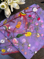 Purple Hand Embroidered Parsi Convent Work Net Dupatta - Luxurion World