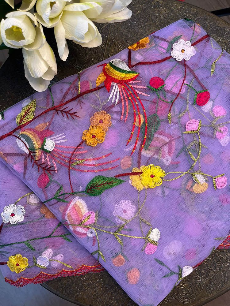 Purple Hand Embroidered Parsi Convent Work Net Dupatta - Luxurion World