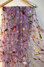 Purple Hand Embroidered Parsi Convent Work Net Dupatta - Luxurion World