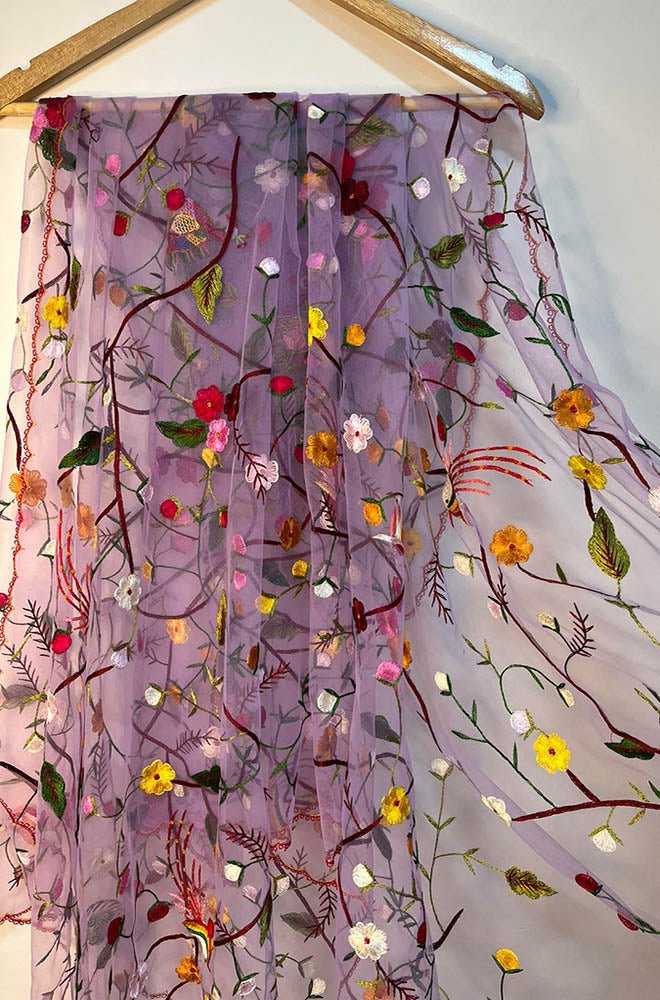 Purple Hand Embroidered Parsi Convent Work Net Dupatta - Luxurion World