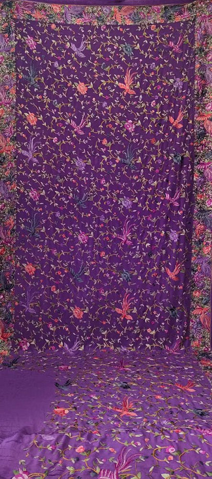 Purple Hand Embroidered Parsi Gara Crepe Floral Design Saree