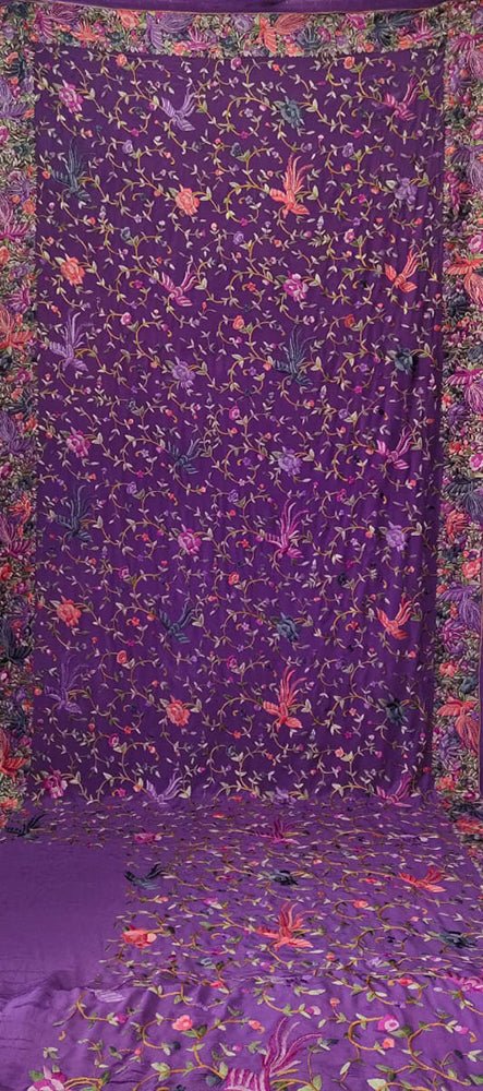Purple Hand Embroidered Parsi Gara Crepe Floral Design Saree - Luxurion World