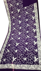 Purple Hand Embroidered Parsi Gara Crepe Floral Design Saree - Luxurion World