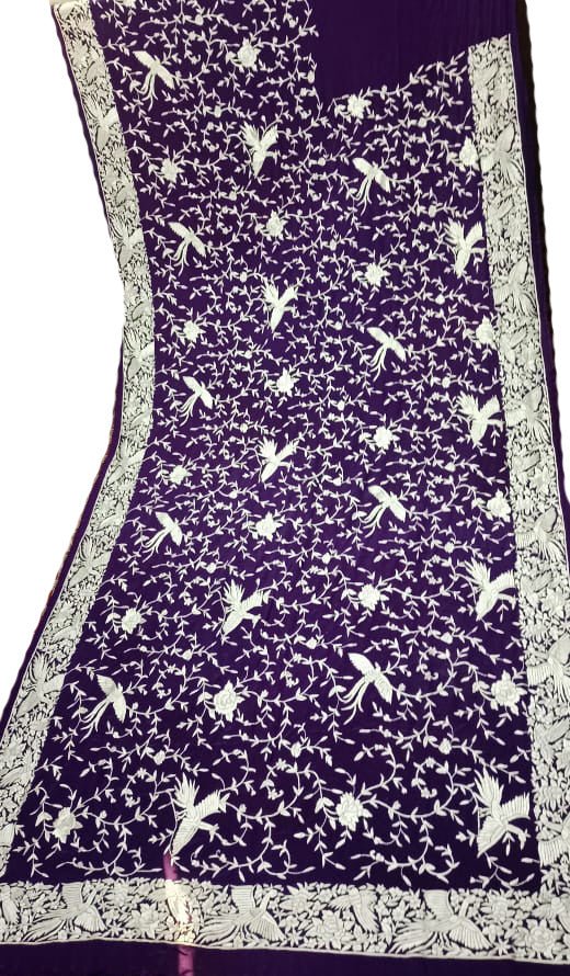 Purple Hand Embroidered Parsi Gara Crepe Floral Design Saree - Luxurion World
