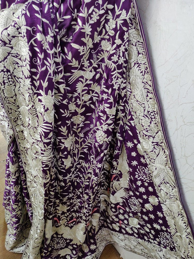 Purple Hand Embroidered Parsi Gara Crepe Floral Design Saree - Luxurion World
