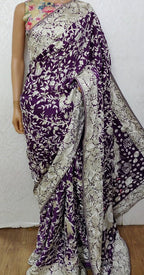 Purple Hand Embroidered Parsi Gara Crepe Floral Design Saree - Luxurion World