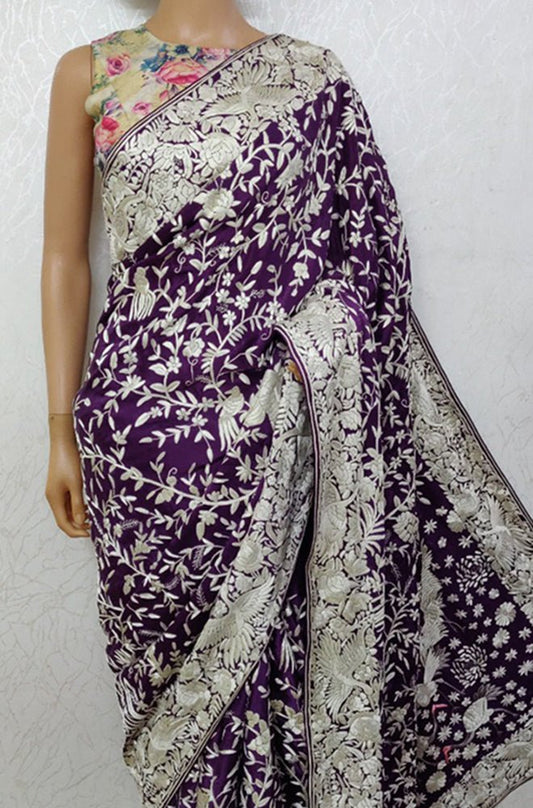 Purple Hand Embroidered Parsi Gara Crepe Floral Design Saree