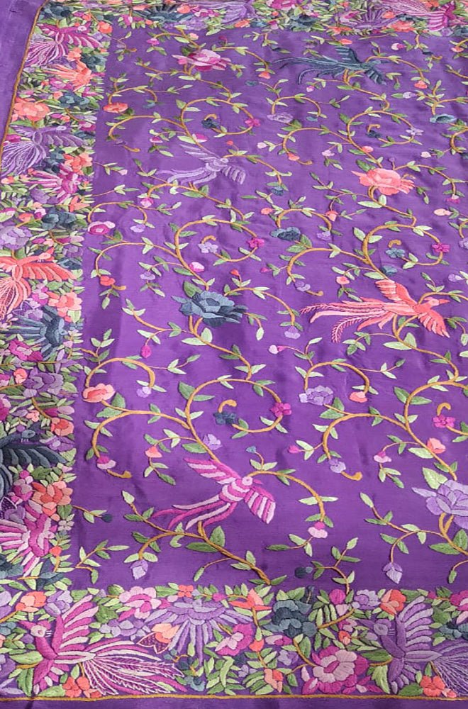 Purple Hand Embroidered Parsi Gara Crepe Floral Design Saree - Luxurion World