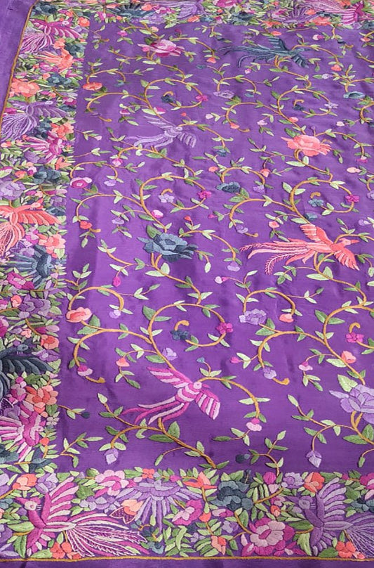 Purple Hand Embroidered Parsi Gara Crepe Floral Design Saree - Luxurion World