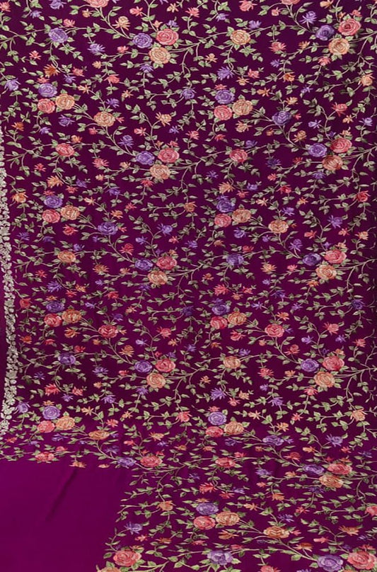 Purple Hand Embroidered Parsi Gara Crepe Floral Design Saree - Luxurion World