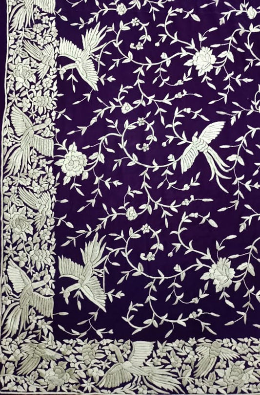 Purple Hand Embroidered Parsi Gara Crepe Floral Design Saree - Luxurion World