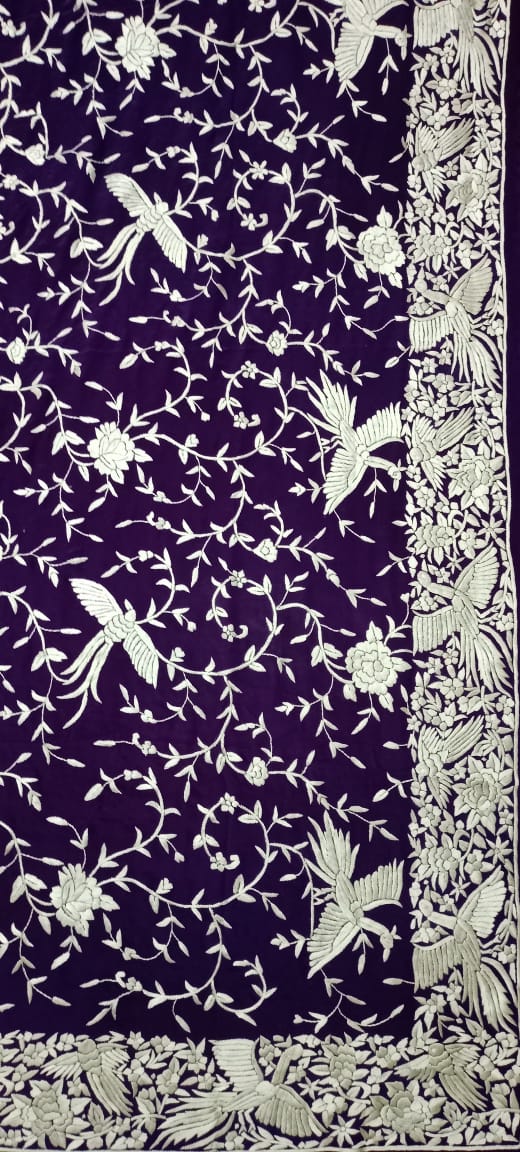 Purple Hand Embroidered Parsi Gara Crepe Floral Design Saree - Luxurion World