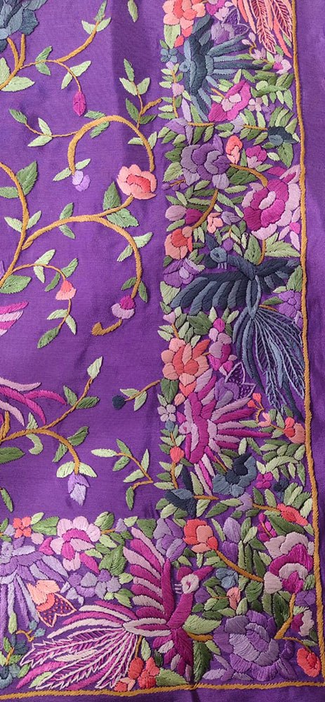 Purple Hand Embroidered Parsi Gara Crepe Floral Design Saree - Luxurion World