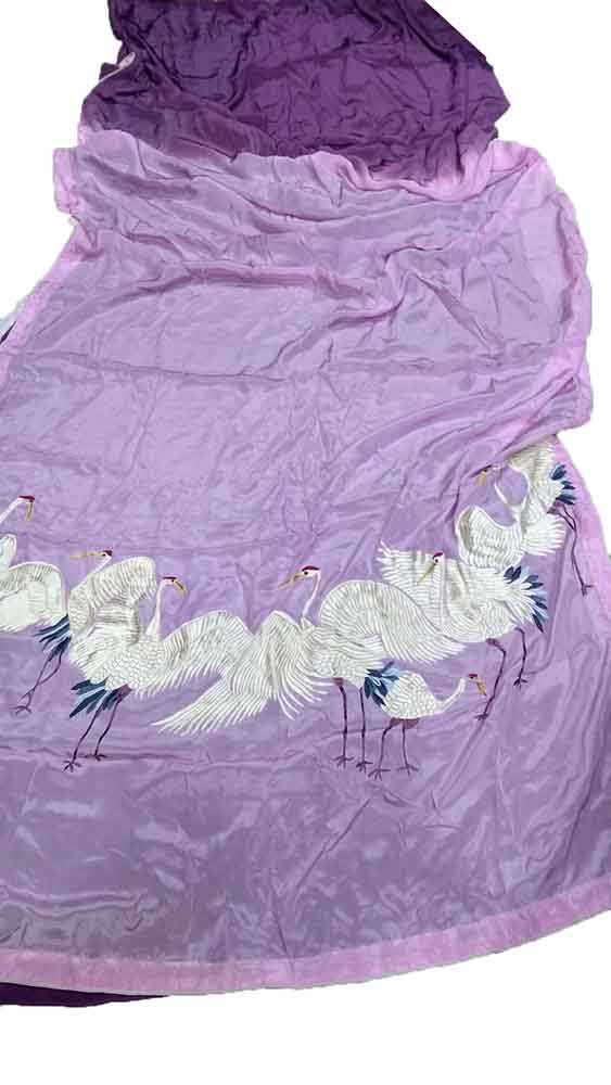 Purple Hand Embroidered Parsi Gara Pure Crepe Bird Design Saree - Luxurion World