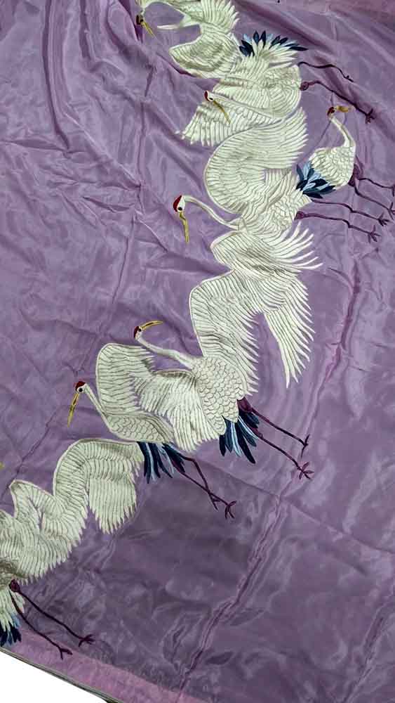 Purple Hand Embroidered Parsi Gara Pure Crepe Bird Design Saree - Luxurion World