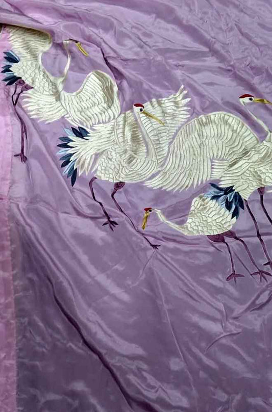 Purple Hand Embroidered Parsi Gara Pure Crepe Bird Design Saree - Luxurion World