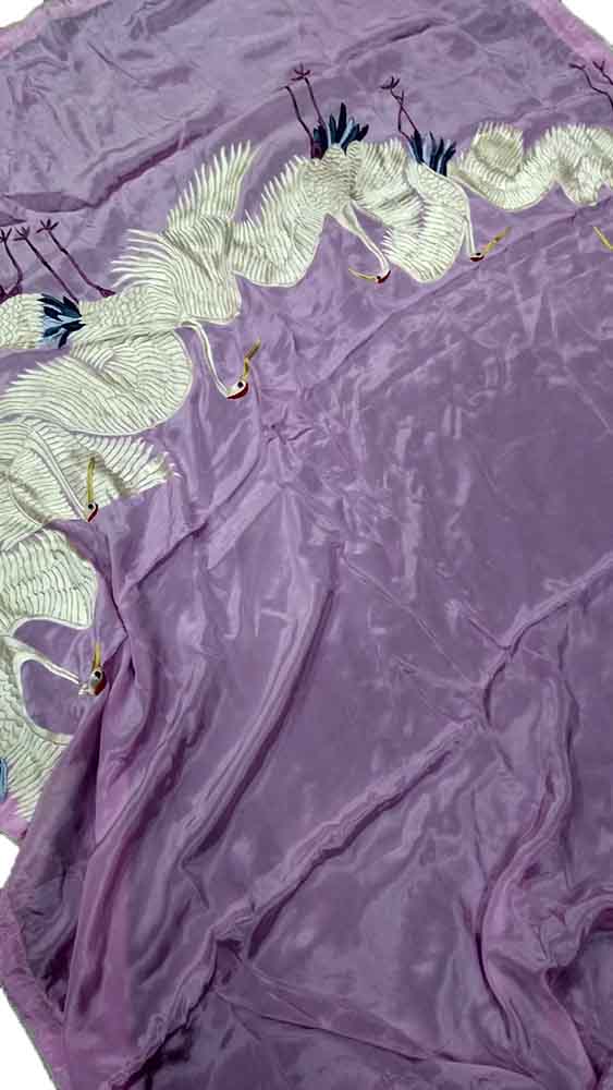 Purple Hand Embroidered Parsi Gara Pure Crepe Bird Design Saree - Luxurion World