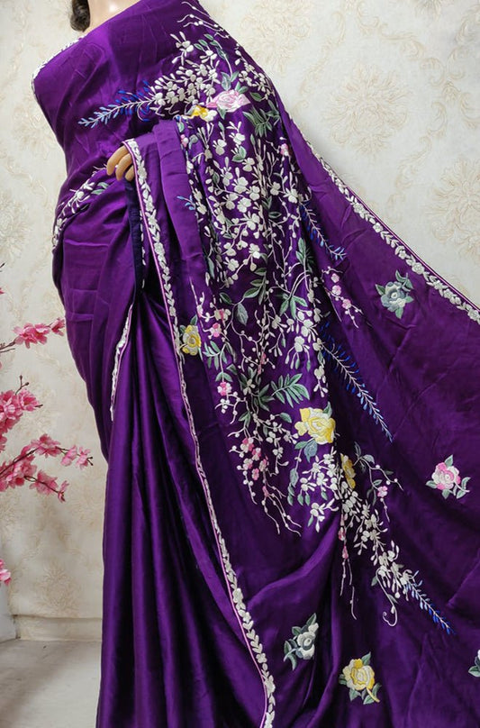 Purple Hand Embroidered Parsi Gara Pure Satin Crepe Silk Flower Design Saree - Luxurion World