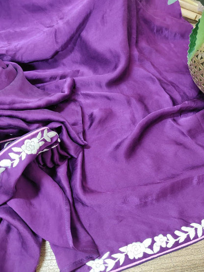 Purple Hand Embroidered Parsi Gara Pure Satin Crepe Silk Flower Design Saree - Luxurion World
